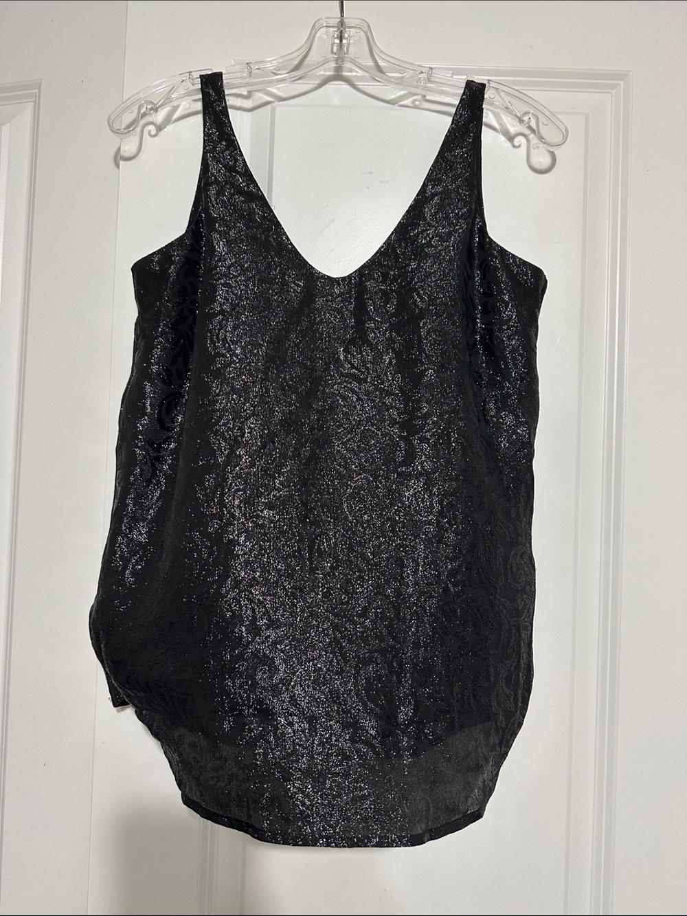 Sz XSP Loft black floral burnout cami classic V-neckline subtle floral shimmer.